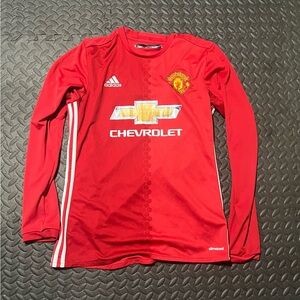adidas Red Long Sleeve Manchester United Soccer Jersey with White Stripes